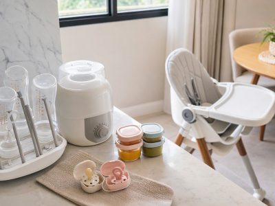 Itens de alimentação de bebê organizados em bancada: mamadeiras, aquecedor, cadeira de alimentação e porta chupeta, sem pessoas.
