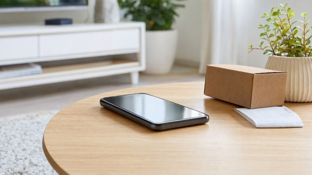 Smartphone sobre mesa com embalagem pequena e recibo ao lado, representando compra por aplicativo com segurança.