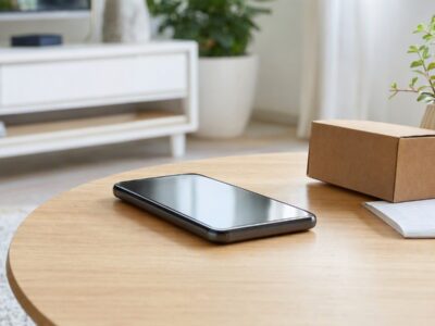 Smartphone sobre mesa com embalagem pequena e recibo ao lado, representando compra por aplicativo com segurança.