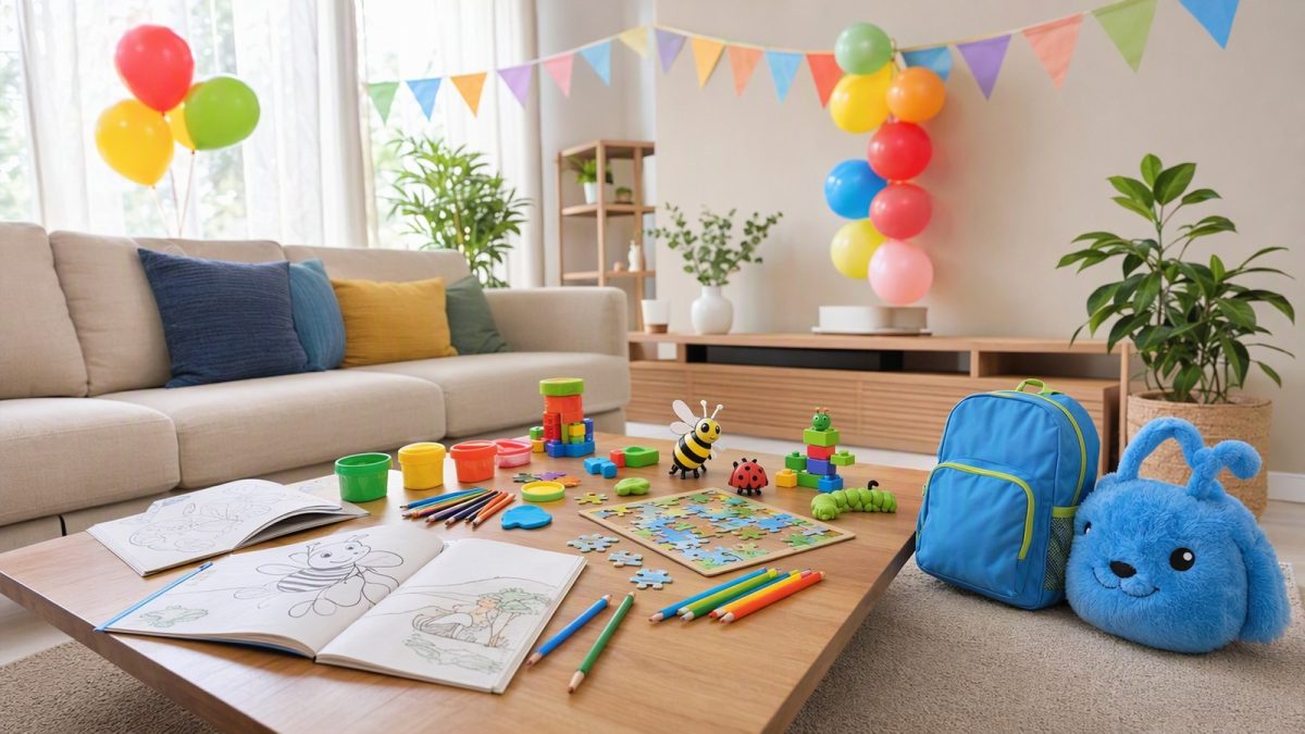 Mesa com atividades para o Dia das Crianças em casa: massinha, livros de colorir, quebra-cabeça e blocos de montar; decoração colorida e sem pessoas.