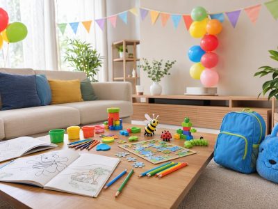 Mesa com atividades para o Dia das Crianças em casa: massinha, livros de colorir, quebra-cabeça e blocos de montar; decoração colorida e sem pessoas.