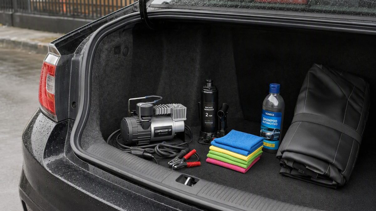 Porta-malas com acessórios automotivos organizados, incluindo compressor 12V, macaco hidráulico, cabos de chupeta, toalhas de microfibra, shampoo e capa de banco.