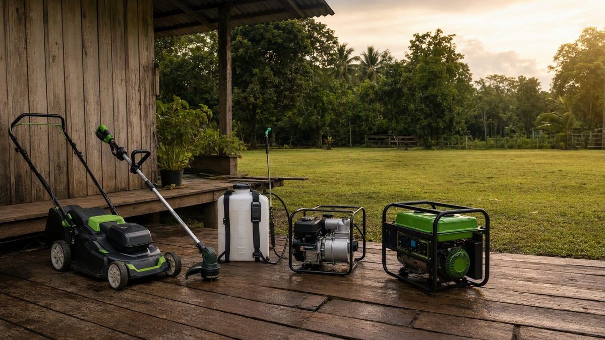 Equipamentos agropecuários organizados em um quintal rural: cortador e aparador de grama, pulverizador costal, motobomba e gerador.