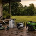 Equipamentos agropecuários organizados em um quintal rural: cortador e aparador de grama, pulverizador costal, motobomba e gerador.