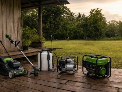 Equipamentos agropecuários organizados em um quintal rural: cortador e aparador de grama, pulverizador costal, motobomba e gerador.