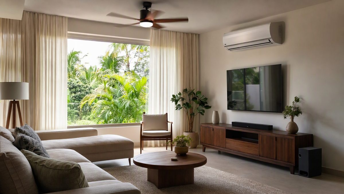 Sala de estar com ar-condicionado split na parede e ventilador de teto, ambiente claro e arejado.