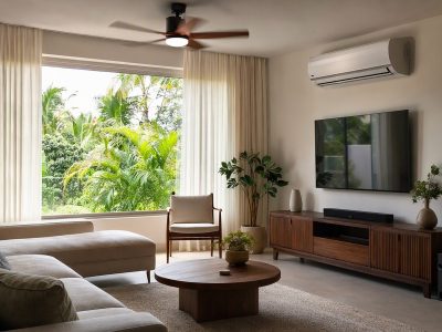 Sala de estar com ar-condicionado split na parede e ventilador de teto, ambiente claro e arejado.