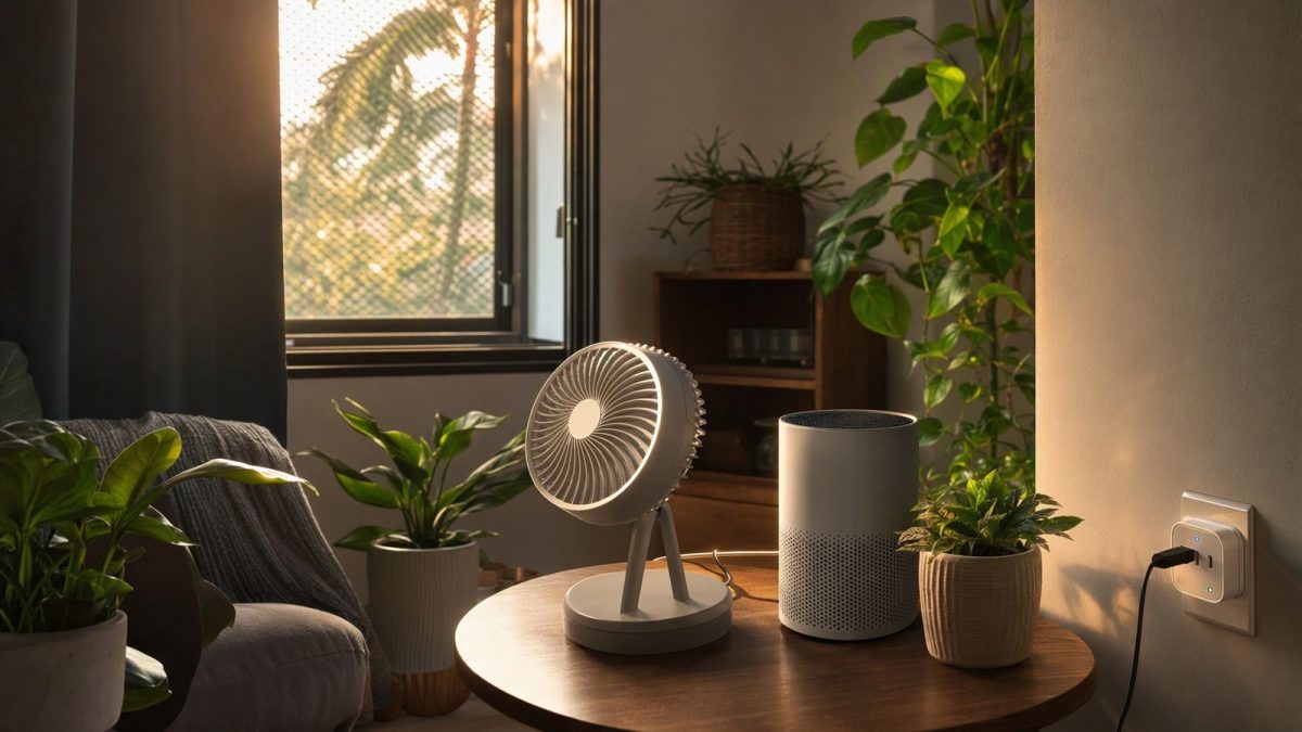 Sala com cortina blackout e tela mosquiteiro, ventilador USB sobre a mesa e purificador de ar ao lado, sugerindo soluções de ar e ventilação.