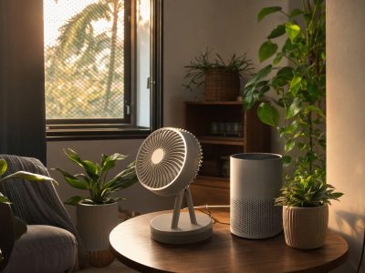 Sala com cortina blackout e tela mosquiteiro, ventilador USB sobre a mesa e purificador de ar ao lado, sugerindo soluções de ar e ventilação.