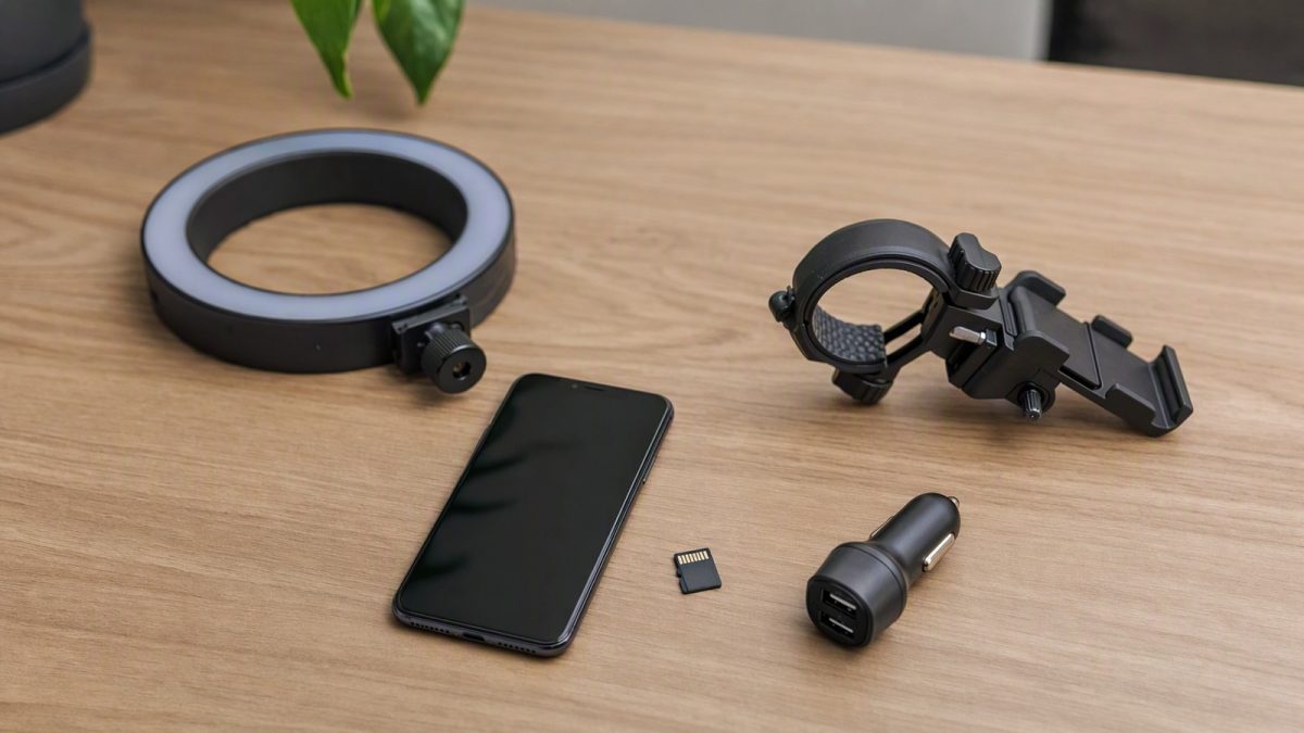 Kit de organização para armazenamento e gravação com smartphone sobre uma mesa, incluindo ring light, cartão microSD, carregador veicular e suporte de guidão.