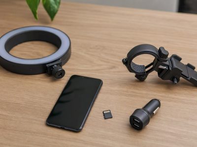 Kit de organização para armazenamento e gravação com smartphone sobre uma mesa, incluindo ring light, cartão microSD, carregador veicular e suporte de guidão.