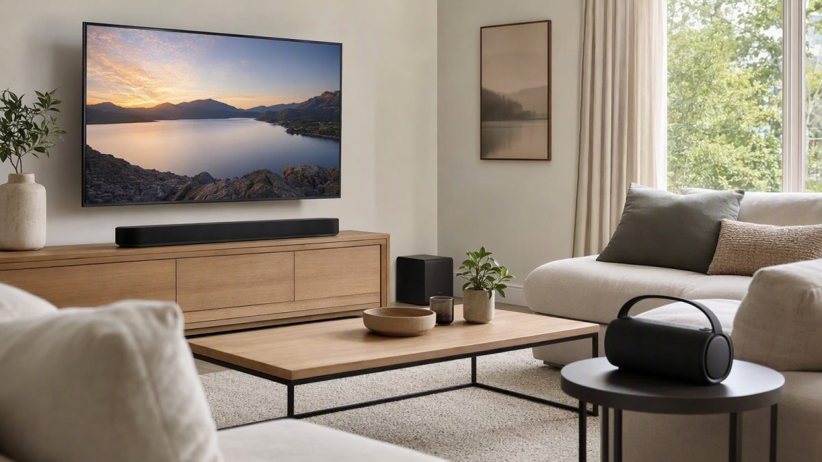 Sala de estar com TV, soundbar e caixa de som portátil, cenário para Black Friday de áudio.