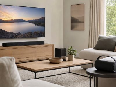 Sala de estar com TV, soundbar e caixa de som portátil, cenário para Black Friday de áudio.