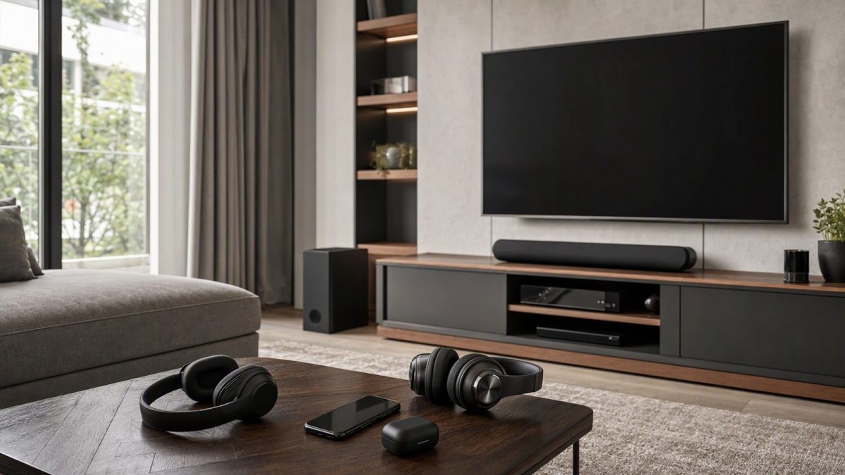Sala com soundbar sob a TV, headset e fones sobre a mesa e smartphone com estojo de earbuds.