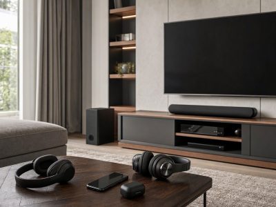 Sala com soundbar sob a TV, headset e fones sobre a mesa e smartphone com estojo de earbuds.