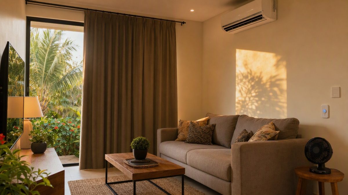 Sala com ar-condicionado, cortina blackout e interruptor inteligente, ideal para automação e conforto térmico na Região Norte.