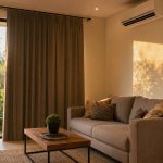 Sala com ar-condicionado, cortina blackout e interruptor inteligente, ideal para automação e conforto térmico na Região Norte.