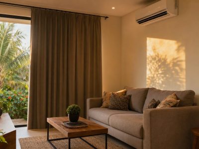 Sala com ar-condicionado, cortina blackout e interruptor inteligente, ideal para automação e conforto térmico na Região Norte.