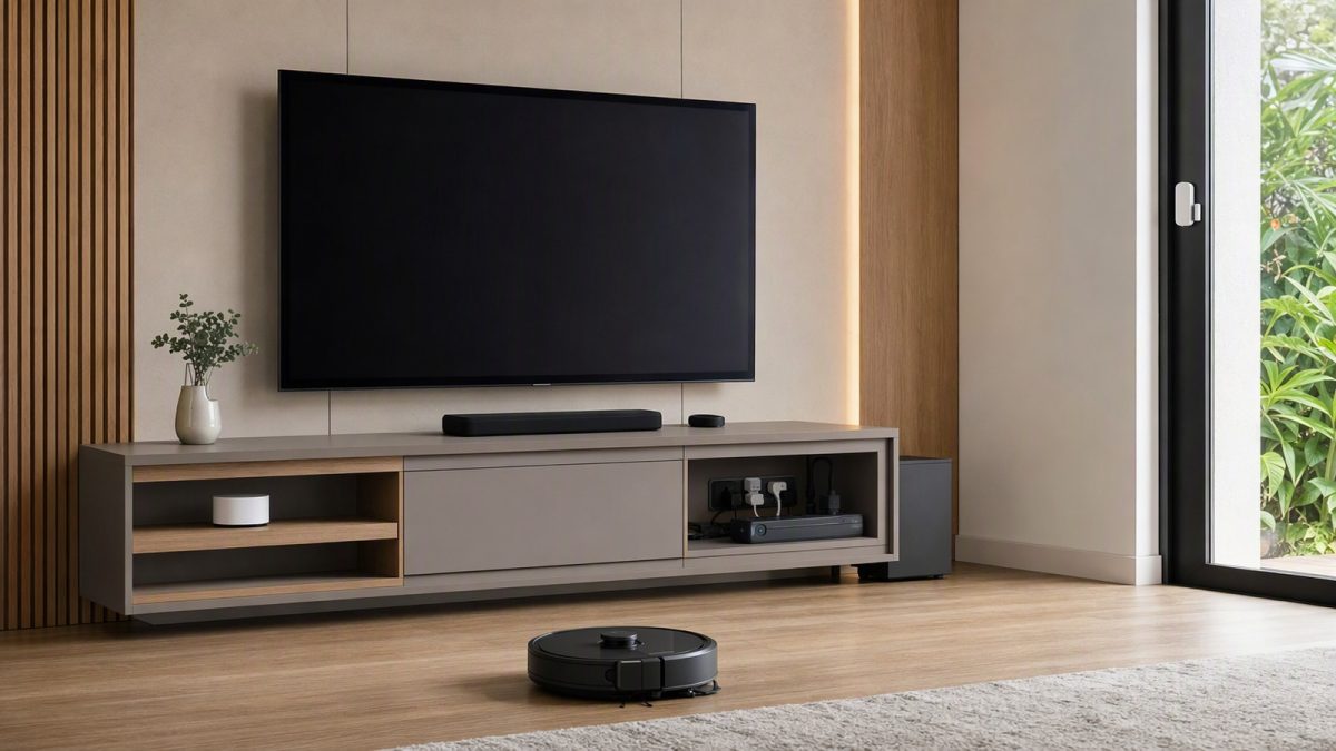 Sala moderna com TV, roteador mesh, filtro de linha inteligente, sensor de janela e robô aspirador, representando automação residencial.