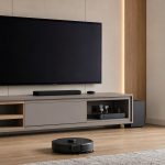 Sala moderna com TV, roteador mesh, filtro de linha inteligente, sensor de janela e robô aspirador, representando automação residencial.