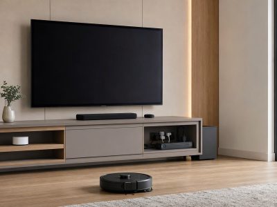 Sala moderna com TV, roteador mesh, filtro de linha inteligente, sensor de janela e robô aspirador, representando automação residencial.