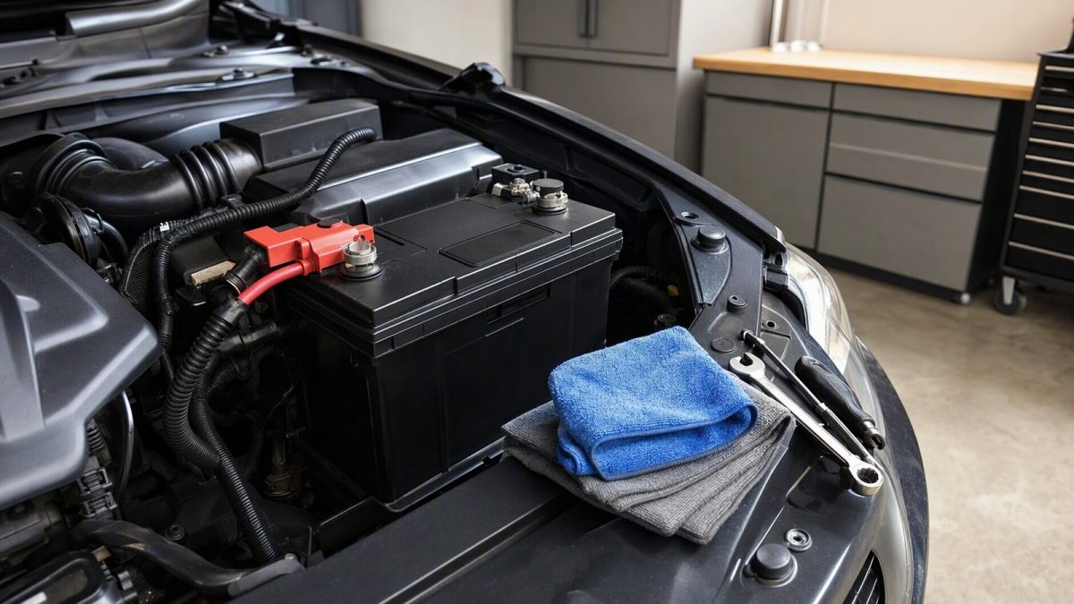 Bateria automotiva sendo inspecionada com atenção aos polos em uma garagem organizada.