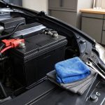 Bateria automotiva sendo inspecionada com atenção aos polos em uma garagem organizada.