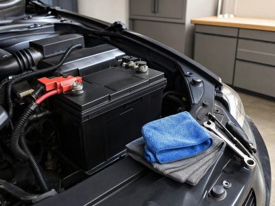 Bateria automotiva sendo inspecionada com atenção aos polos em uma garagem organizada.