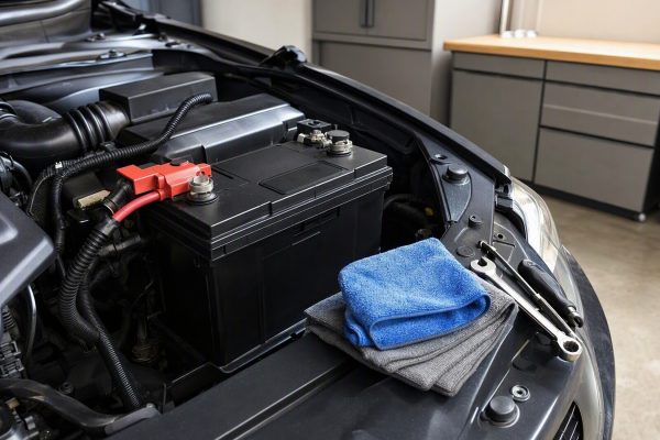 Bateria automotiva sendo inspecionada com atenção aos polos em uma garagem organizada.
