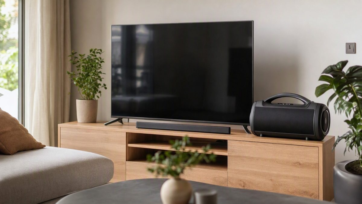 Sala de estar com soundbar abaixo da TV e boombox ao lado, em ambientação moderna e iluminada.