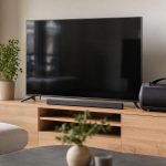 Sala de estar com soundbar abaixo da TV e boombox ao lado, em ambientação moderna e iluminada.