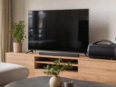 Sala de estar com soundbar abaixo da TV e boombox ao lado, em ambientação moderna e iluminada.