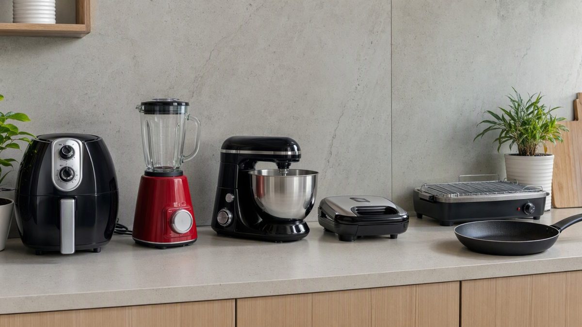 Bancada de cozinha com air fryer, liquidificador, batedeira, sanduicheira, churrasqueira elétrica e frigideira organizados.