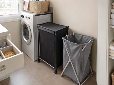 Lavanderia compacta com cesto slim com rodinhas, cesto dobrável e toalhas organizadas, incluindo toalha infantil com capuz.