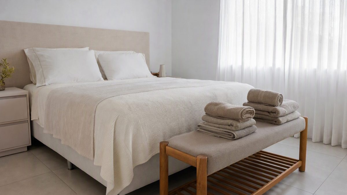 Quarto com cama arrumada com cobertor de microfibra e toalhas dobradas, iluminação natural e visual aconchegante.