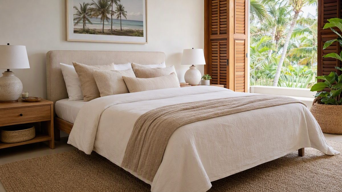Cama arrumada com jogo de cama neutro, edredom leve e cobertor de microfibra dobrado aos pés.