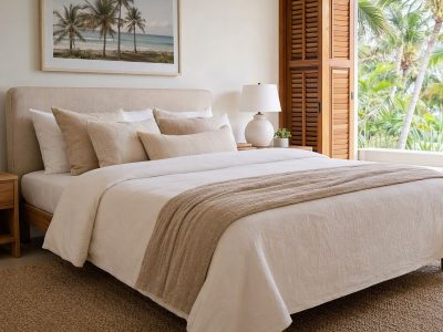Cama arrumada com jogo de cama neutro, edredom leve e cobertor de microfibra dobrado aos pés.