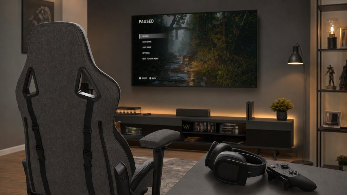 Setup gamer com cadeira cinza e preta, headset e controle ao lado da TV, ambiente confortável para jogar sem incomodar em casa
