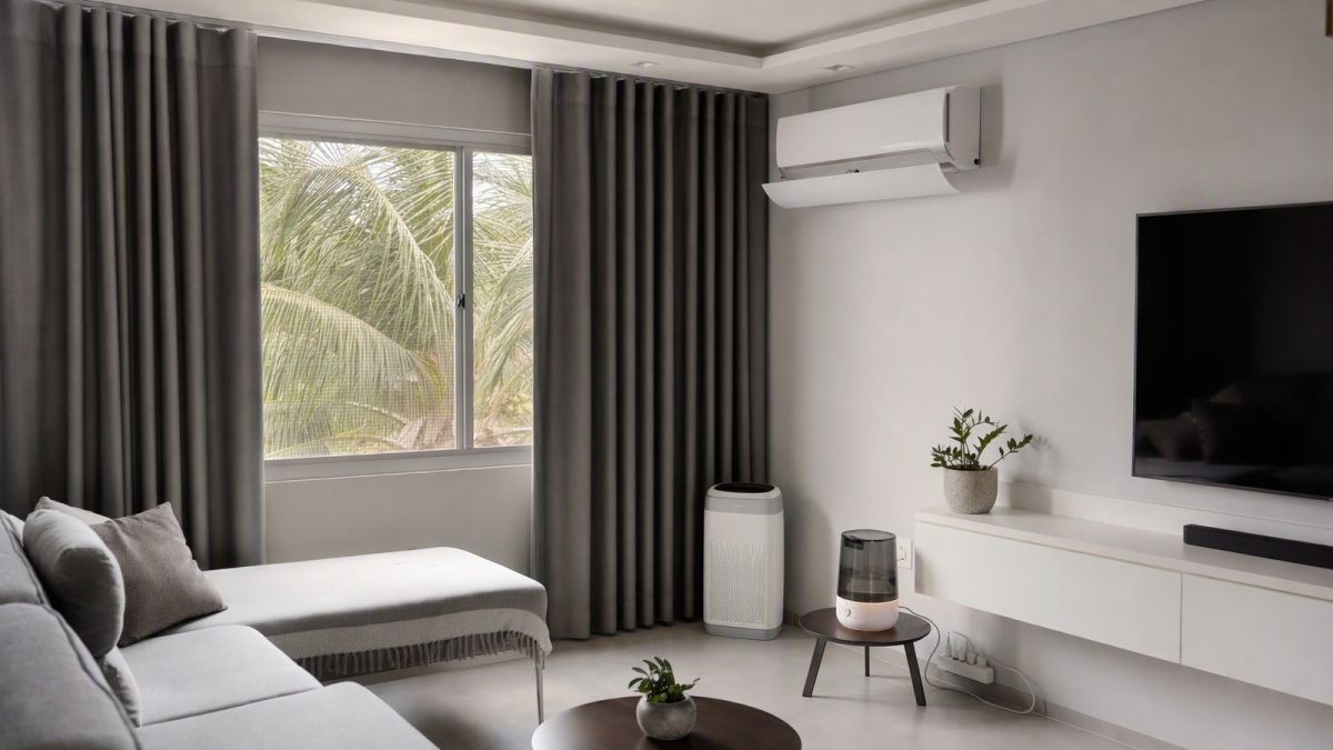 Sala com cortina blackout, split com defletor, janela com mosquiteiro, purificador e umidificador organizados — soluções para conforto térmico na Região Norte.