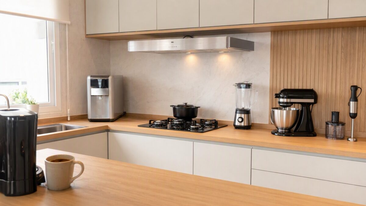 Cozinha moderna organizada com coifa, purificador, liquidificador, batedeira, cafeteira, mixer e processador dispostos na bancada.