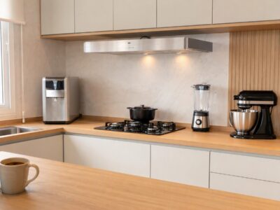 Cozinha moderna organizada com coifa, purificador, liquidificador, batedeira, cafeteira, mixer e processador dispostos na bancada.