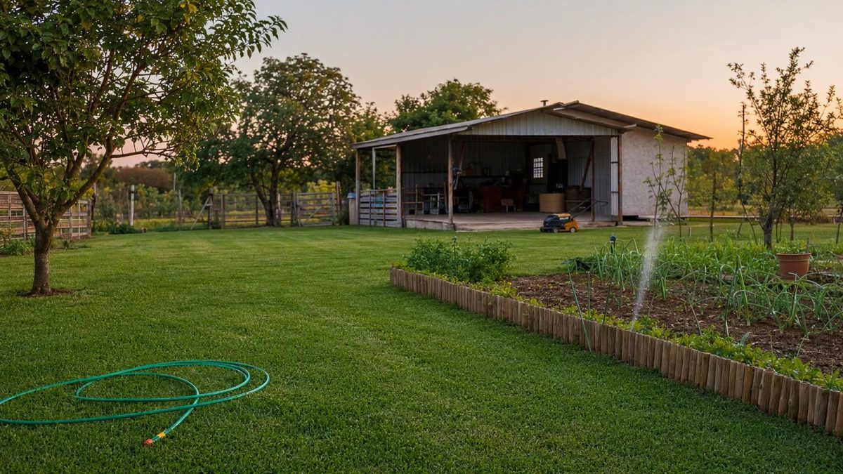 Quintal de sítio com gramado aparado, mangueira verde e ferramentas de jardinagem ao entardecer.