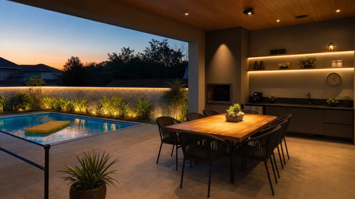 Varanda com fitas de LED, spot de luz, relógio de parede e deck voltado para piscina com acessório flutuante amarelo ao entardecer.