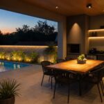 Varanda com fitas de LED, spot de luz, relógio de parede e deck voltado para piscina com acessório flutuante amarelo ao entardecer.