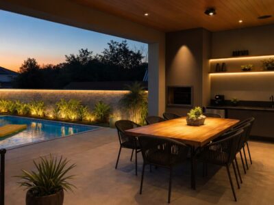 Varanda com fitas de LED, spot de luz, relógio de parede e deck voltado para piscina com acessório flutuante amarelo ao entardecer.