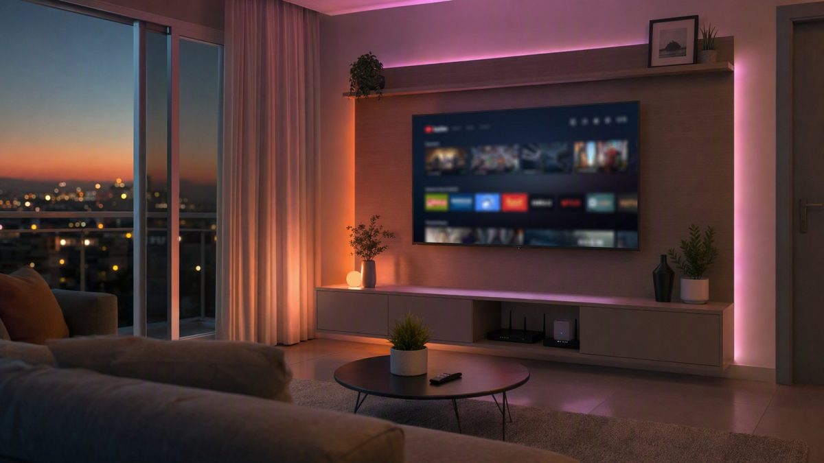 Sala moderna com iluminação inteligente colorida e TV com interface de streaming, cenário de casa conectada sem pessoas.