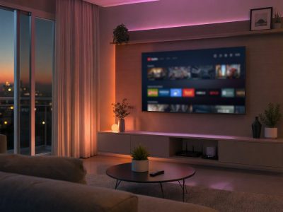 Sala moderna com iluminação inteligente colorida e TV com interface de streaming, cenário de casa conectada sem pessoas.