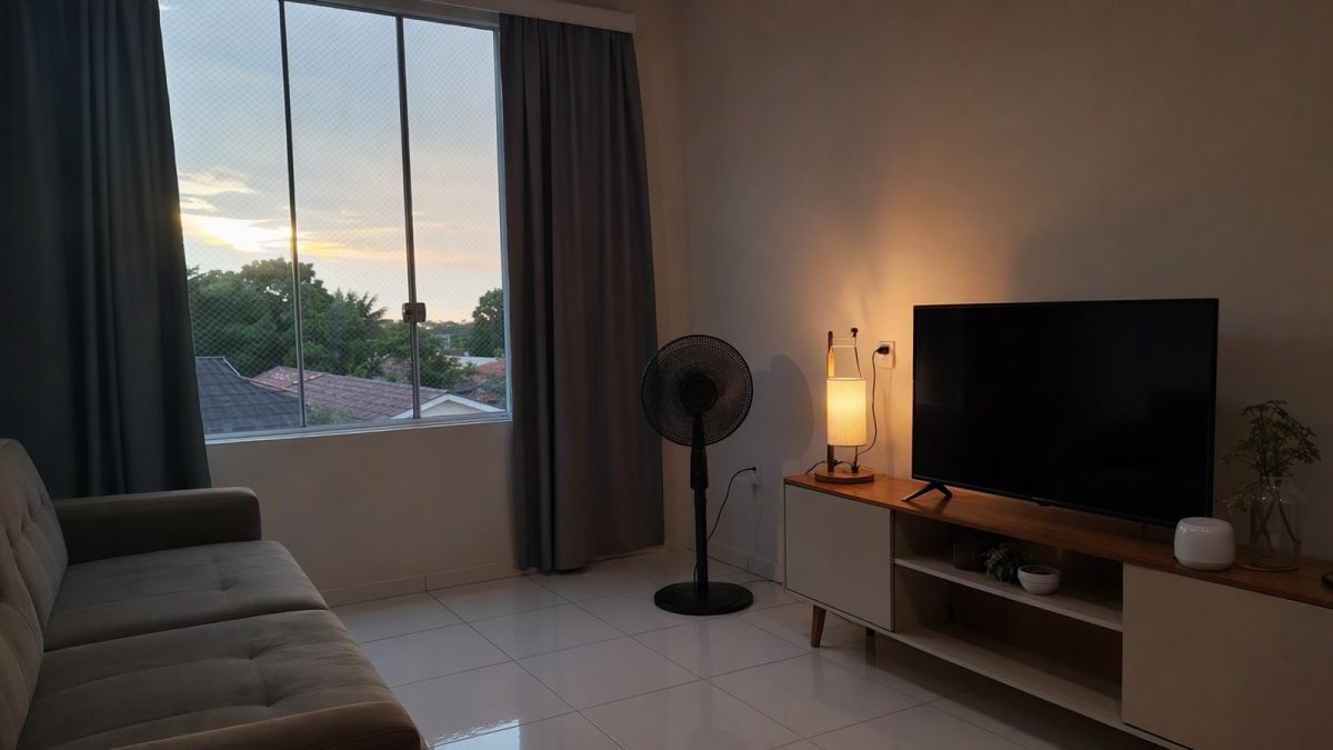 Sala com cortina blackout, tela mosquiteiro e ventilador para conforto térmico.