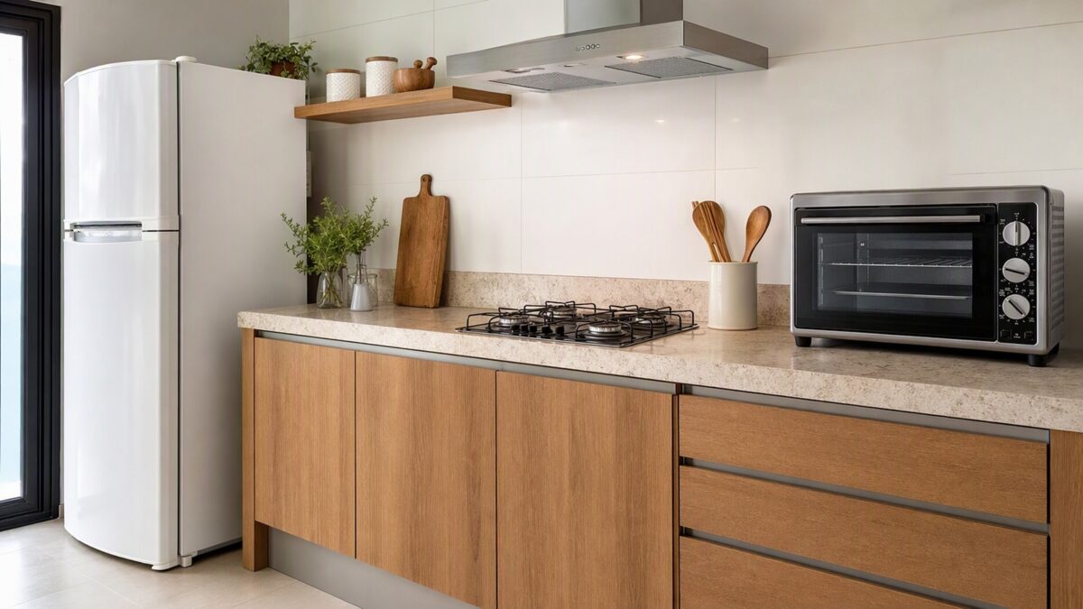 Cozinha moderna com geladeira branca, cooktop e forno de bancada sobre uma bancada de pedra, iluminada por luz natural.