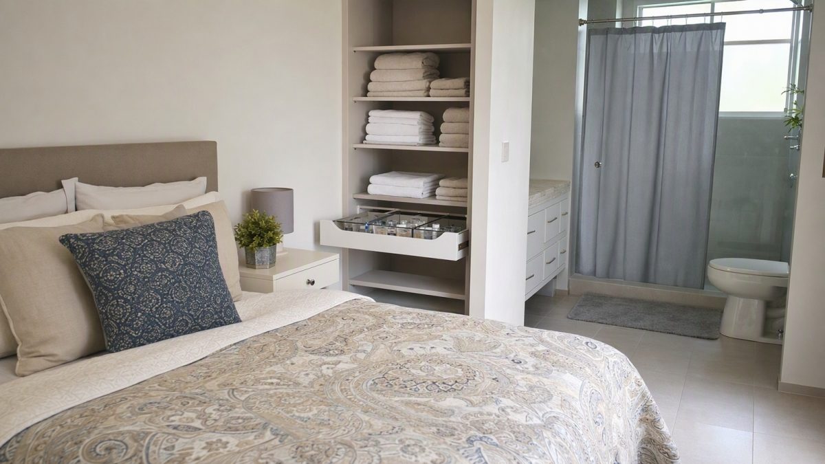 Cama com edredom e travesseiros ao lado de toalhas dobradas e organizadores, com box de banheiro ao fundo com cortina em varão extensível.